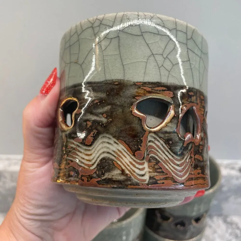Vintage Somayaki Soma Ware Green Crackle Gold Horse Double Wall Mugs Set 6